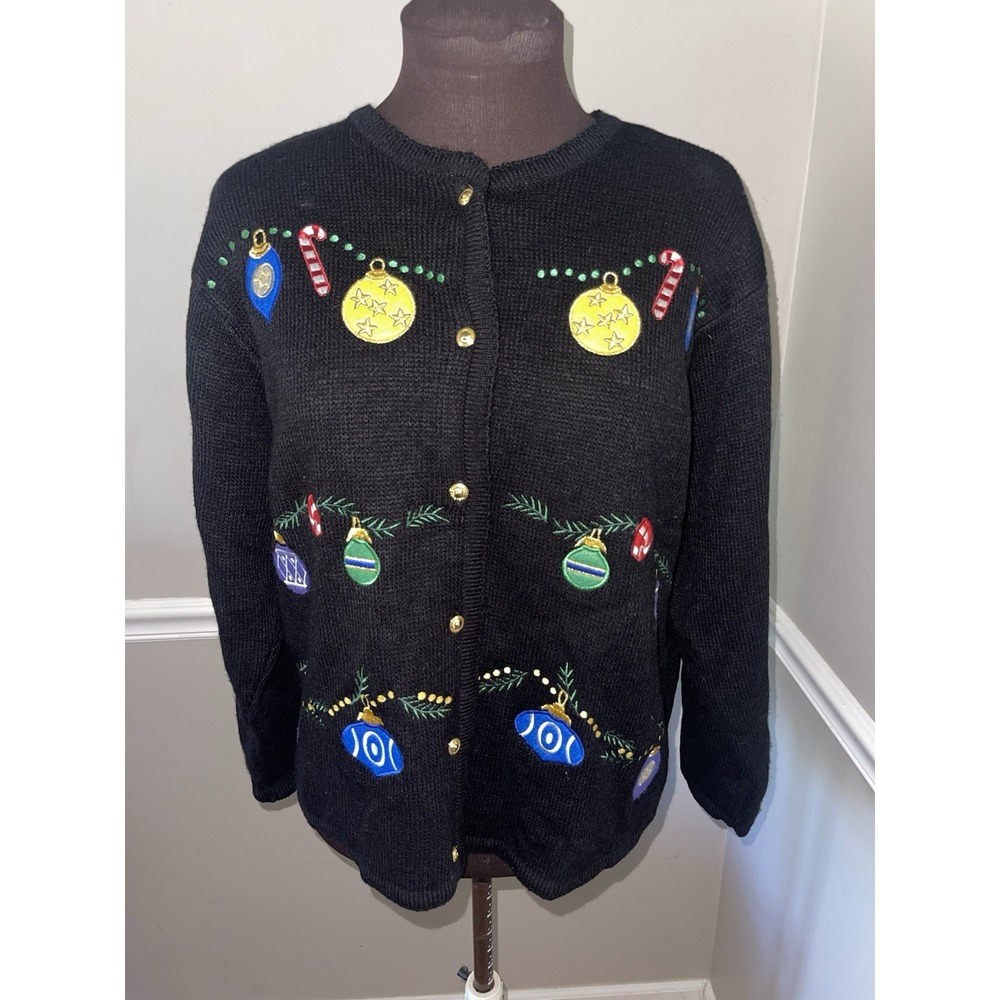 Croft &‎ Barrow Ugly Christmas Sweater Womens L Embroidered Gold Buttons